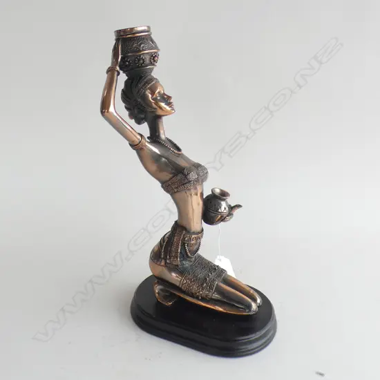 STYLISED 'COPPER' FIGURINE OF LADY ON WOODEN BASE H 280MM