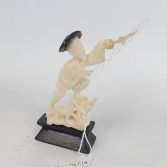 IVORY CARVED FIGURE OF MAN WITH DOG & STICK H 105MM