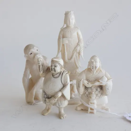 4 IVORY FIGURES; MONKEY, CHESS QUEEN H.90mm + FISHERMAN & NOBLEMAN NETSUKI