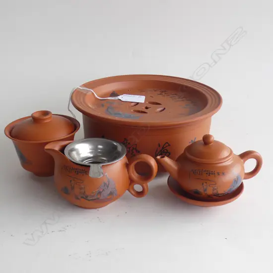 CHINESE YIXING TEASET 10+ PCES DECORATED with figures & calligraphy