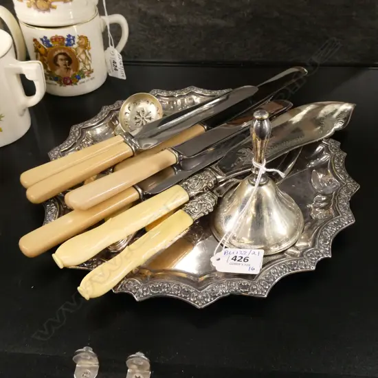 14 PCES ASST. CUTLERY (INCL. 6 'BONE' HANDLED KNIVES) + BELL & TRAY 265mm dia