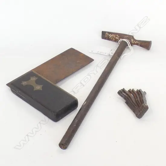 3 VINTAGE MINIATURE TOOLS; HAMMER (L330MM), SET OF 8 SPANNERS & SET SQUARE