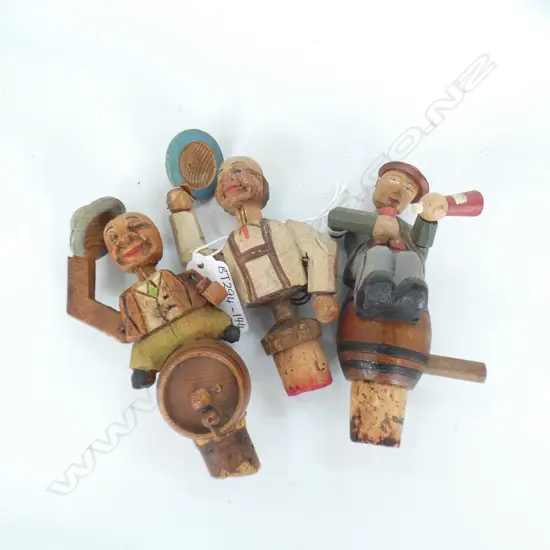 3 VINTAGE ITALIAN ANRI WOODEN CARVED CHARACTER BOTTLE STOPPERS