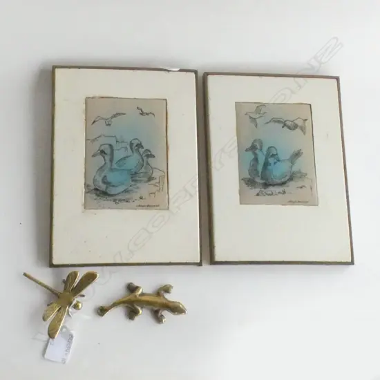 PR JUNE BOYD DUNLOP ENAMEL PAINTINGS (90 X 120MM) + BRASS DRAGONFLY & LIZARD (L95MM)