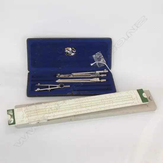 FABER CASTELL;  VINTAGE COMPASS IN BOX + 52/82 SLIDE RULE IN ORIGINAL BOX