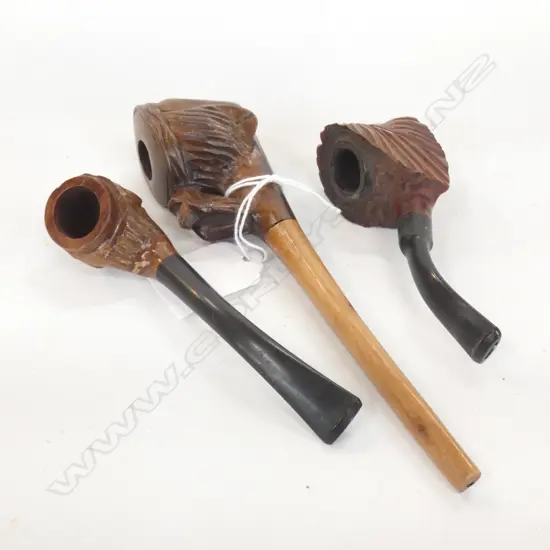 3 VINTAGE CARVED WOODEN FIGURAL PIPES; NATIVE AMERICAN INDIAN ETC..