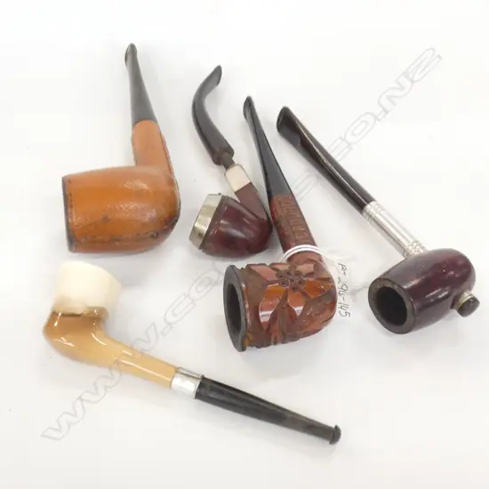 5 VINTAGE SMOKING PIPES; WOODEN, STONE, LEATHER ETC..