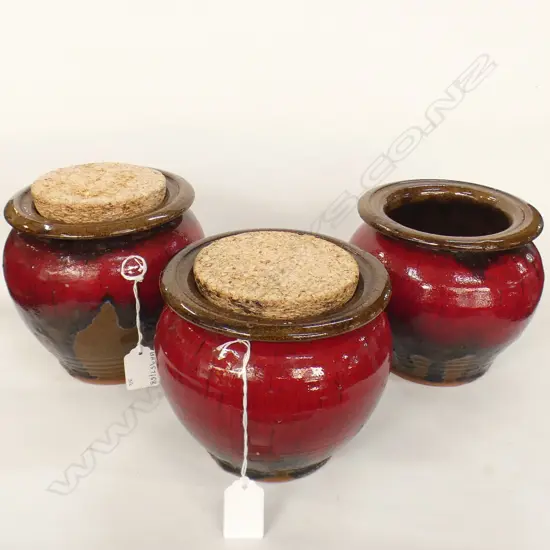 3 NZ STUDIO POTTERY JARS, 2 WITH CORK LIDS - SIGNED
