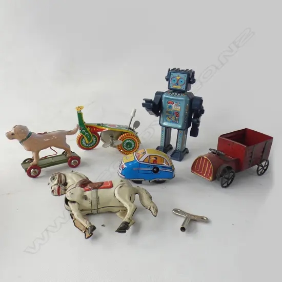 BOX OF 6 TIN TOYS INCLUDES HORSE ROBOT ETC
