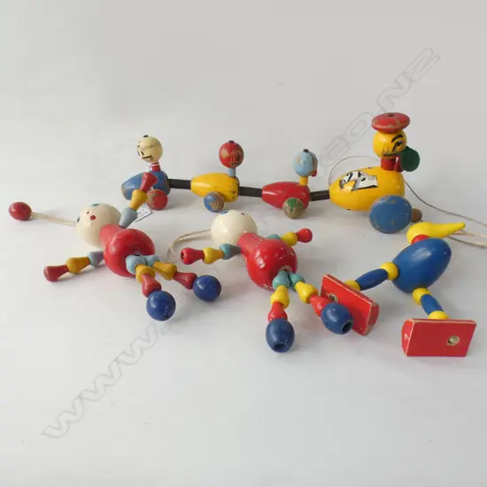 4 WOODEN CHILDRENS TOYS; 2x MARY LOU DOLLS, BIRD & PULL ALONG TOY