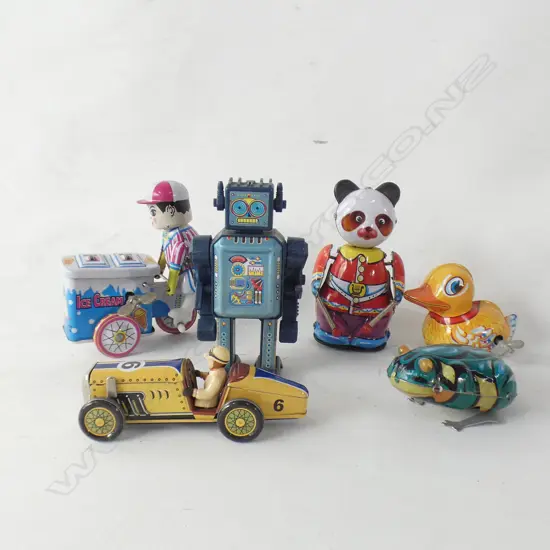 BOX OF 6 TIN TOYS ROBOT PANDA FROG DUCK ETC