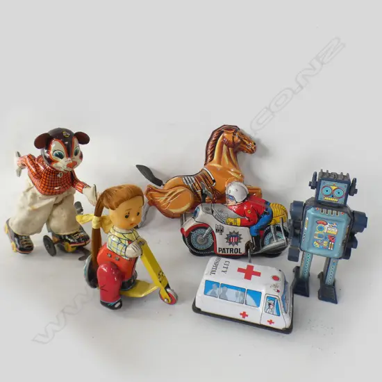 BOX OF 6 TIN TOYA INCLUDES ROBOT MOTORCYCLE HORSE ETC