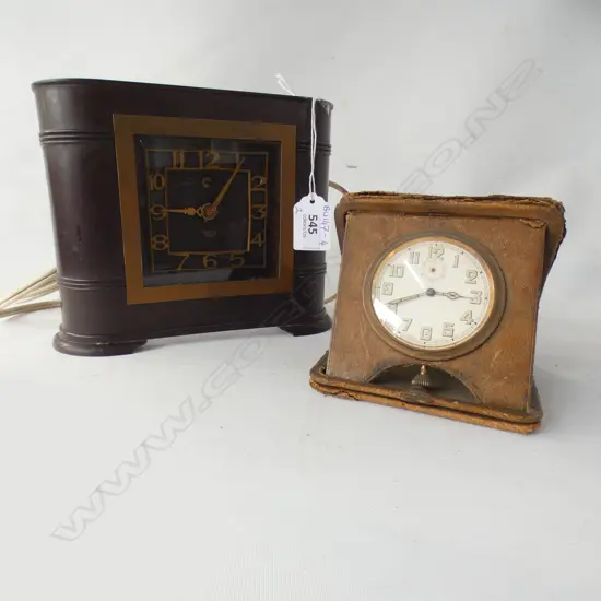 VINTAGE SMITHS BROWN BAKELITE ELECTRIC CLOCK (H 160MM) + VERY OLD TRAVEL CLOCK (CASE IN DISREPAIR) 