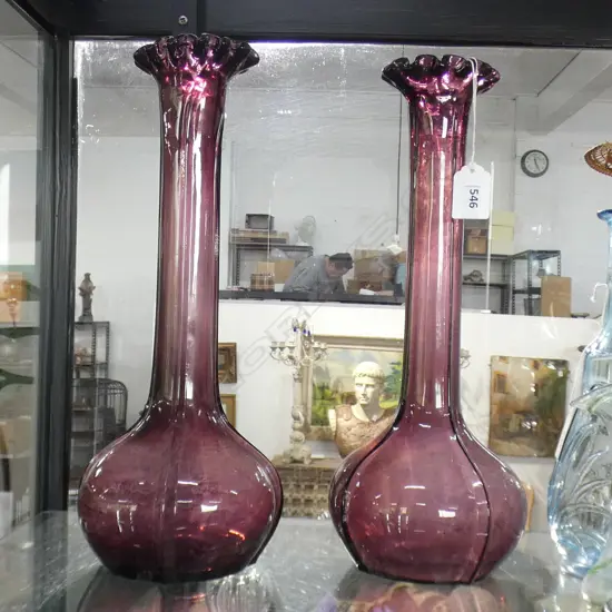 PR AUBERGINE GLASS FRILLED RIMMED TALL VASES H 340MM