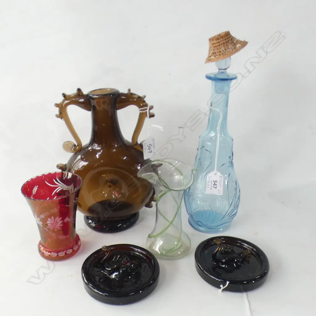 VINTAGE GLASS; BLUE DECANTER, 3 VASES + 2 SWAN PAPERWEIGHTS Image 1++