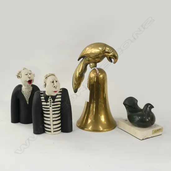 4 ITEMS; PR CHERYL OLIVER STUDIO CERAMIC FIGURES H.150mm MANS NECK REPAIRED, BIRD SCULPTURE + BRASS PARROT BELL H.225mm