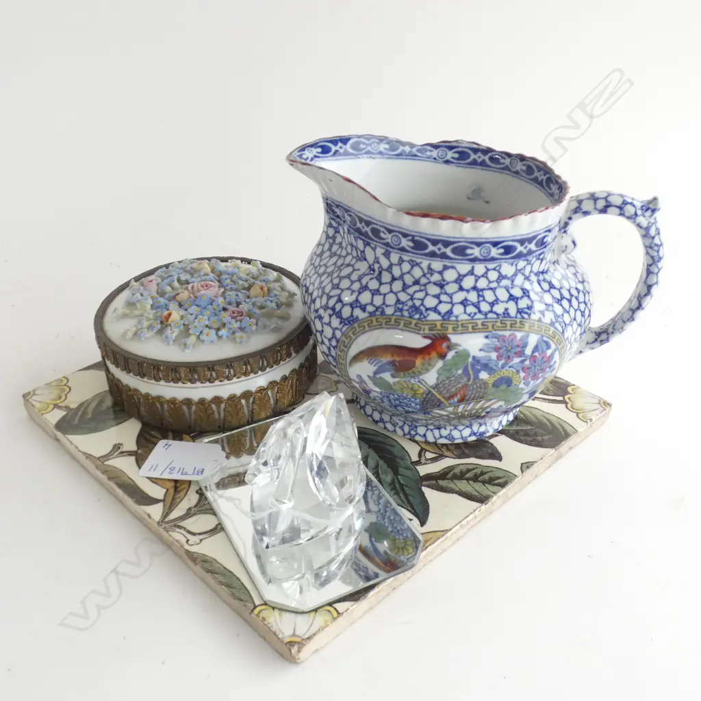 SWAROSKI CRYSTAL SWAN, LIDDED FLORAL CONTAINER, B/W ADAMS JUG, VICTORIAN TILE 200x200mm Image 1++