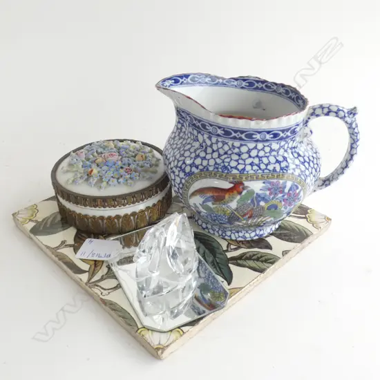 SWAROSKI CRYSTAL SWAN, LIDDED FLORAL CONTAINER, B/W ADAMS JUG, VICTORIAN TILE 200x200mm