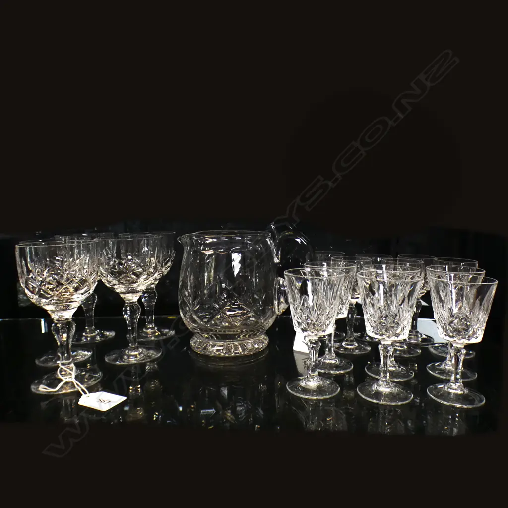 ROYAL STUART LISMORE PATTERN CRYSTAL; 1 JUG,  5 WINE & 6 SHERRY + 6 UNKNOWN MAKER LIQUEUR GLASSES Image 1++
