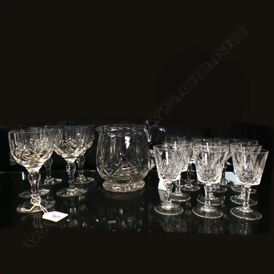 ROYAL STUART LISMORE PATTERN CRYSTAL; 1 JUG,  5 WINE & 6 SHERRY + 6 UNKNOWN MAKER LIQUEUR GLASSES