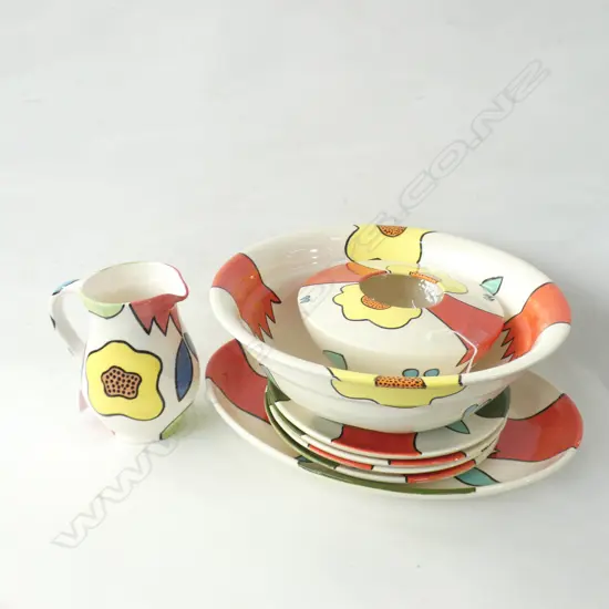 7 PCES ART POTTERY SIGNED MAC 94; 4 PLATES, PLATTER, LARGE BOWL 340mm dia, VASE + CHRISTINE HARRIS JUG H.175mm