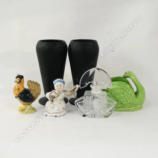 PR BLACK GLASS VASES H.170mm, MUSICIAN FIGURE, GREEN SWAN, 2x BEATRICE POTTER FIGURINES, DECO PERFUME BOTTLE