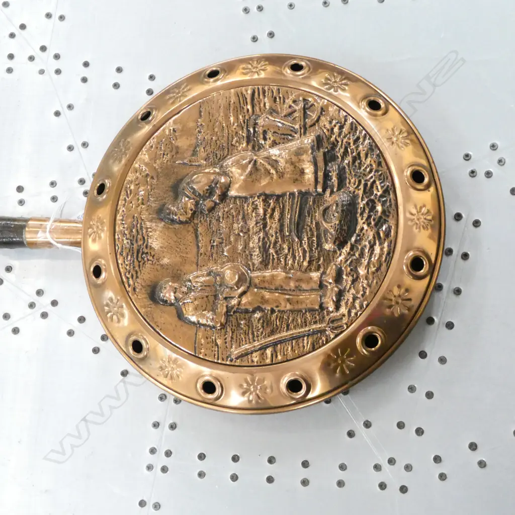 COPPER BED WARMER - EMBOSSED SCENE - WOODEN HANDLE - DIA 260MM & COPPER MAGAZINE RACK Image 1++