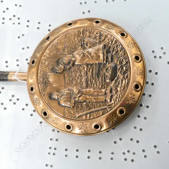 COPPER BED WARMER - EMBOSSED SCENE - WOODEN HANDLE - DIA 260MM & COPPER MAGAZINE RACK