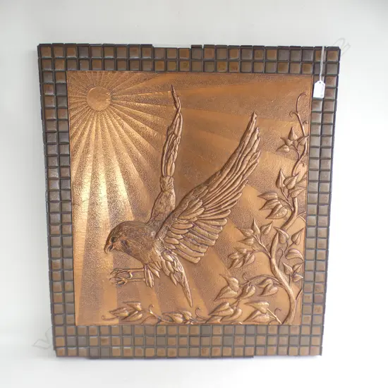 COPPER EAGLE ART WORK IN TILED FRAME BY IAN STUART 1982 - WITH CERTIFICATE (660 X 730MM)