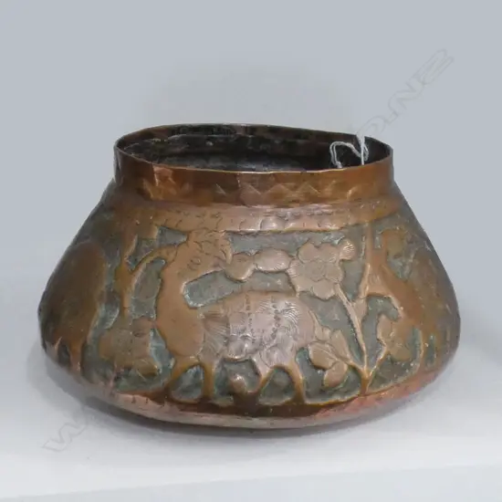 ART NOUVEAU COPPER PLANTER POT - EMBOSSED WITH VARIOUS ANIMALS DIA 230M + VICTORIAN JARDINIERE H 255MMM