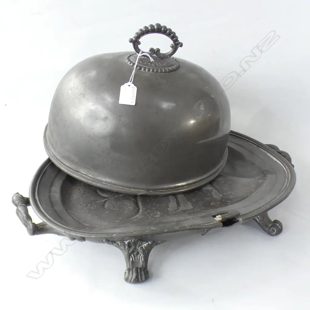 ANTIQUE METAL MEAT DISH (DENTS) & DOME W.520mm Image 1++