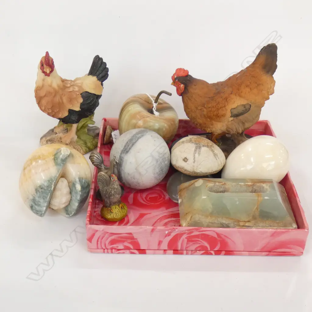 STONE EGG, APPLE + 4 OTHERS & COLLECTION 5 ASST CHOOKS LARGEST  H130MM + FOSSIL Image 1++