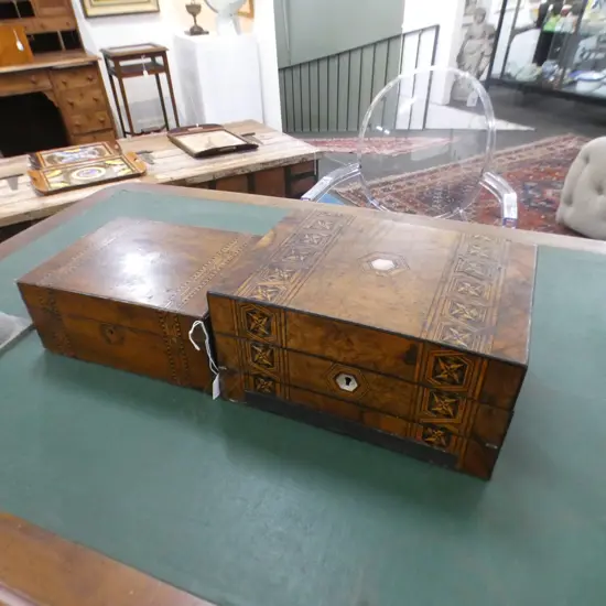 2 VINTAGE WOODEN INLAID BOXES; 1 WRITING BOX & 1 OTHER AF