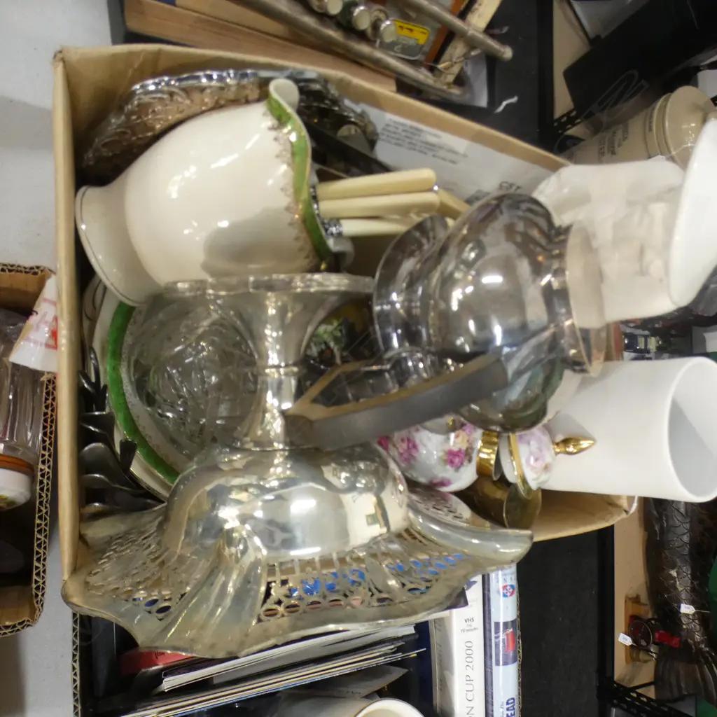 BOX LOT ASST. CHINA & CRYSTAL INCL. EP TEAPOT, WHITE CHINESE FIGURE, ETC Image 1++