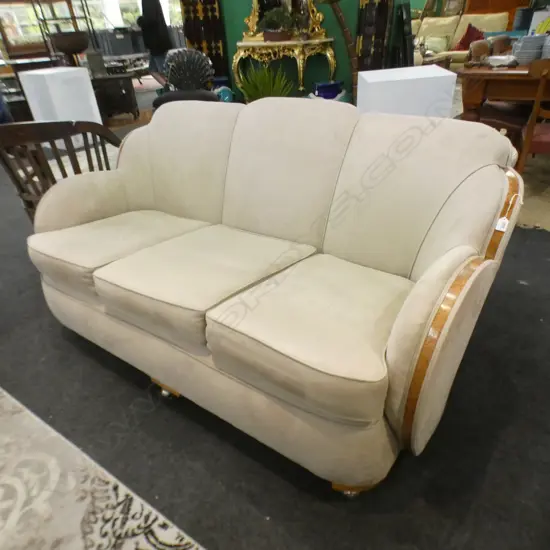 EPSTEIN DESIGN C.1930’S ART DECO COUCH. BURR WALNUT TRIM. CLOUD BACK