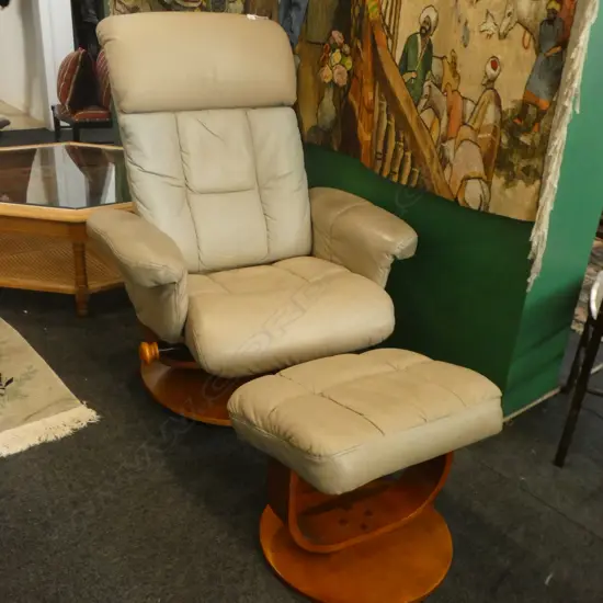 FAWN LEATHER RECLINER ROCKER ON WOODEN BASE + MATCHING FOOT STOOL