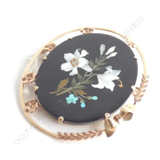 ANTIQUE 10CT Y&R GOLD LARGE PIETRA DURA BROOCH