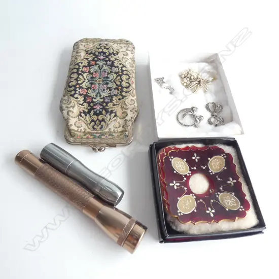 BAG 2 TORCHES. GLASSES IN CASE. 2 ANTIQUE GLASS DRIP TRAYS...