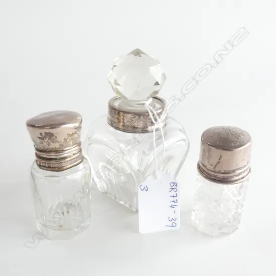 3 CUT GLASS & STG SILVER SCENT BOTTLES - ALL WITH STOPPERS INTACT  - TALLEST H. 95MM