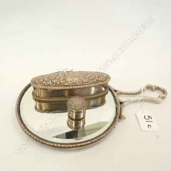 3 STG SILVER ART NOUVEAU HAND MIRROR & 2 LIDDED CONTAINERS 
