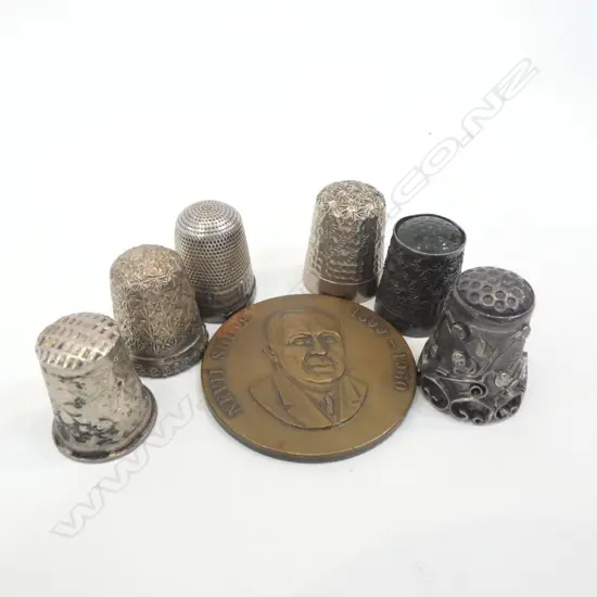 SIX OLD STG SILVER THIMBLES + NEVIL SHUTE COIN 1899 - 1960