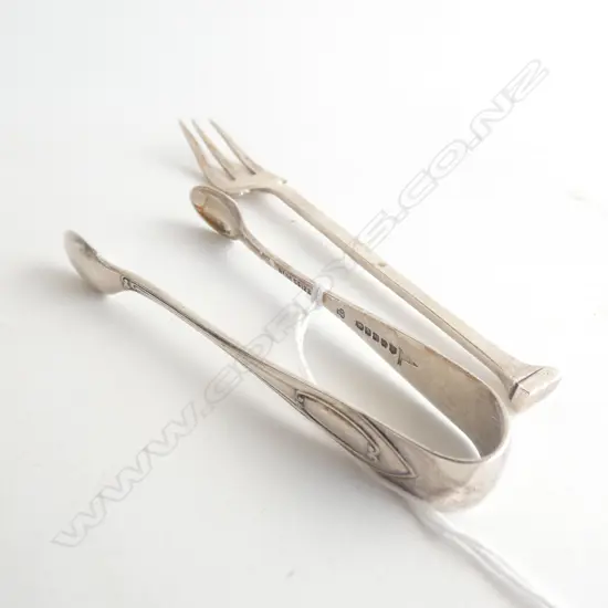 STG SILVER SUGAR TONGS & SM FORK  TOTAL WEIGHT 29.7GMS