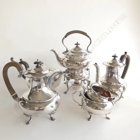 7 PCE JAMES DIXON & SONS SILVERPLATE COFFEE / TEA SERVICE COMPLETE w. SPIRIT KETTLE & BURNER 