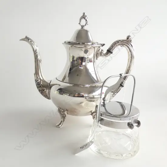 SILVER PLATE COFFEE POT & CUT GLASS & SP SUGAR BOWL