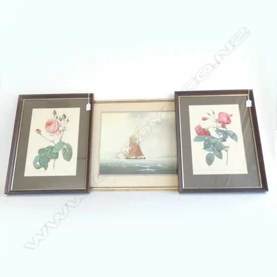 3 ARTWORKS; 2 ROSE PRINTS + GEOFFREY MARTON? YACHT W/C 310x435mm