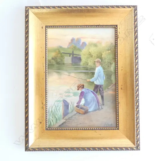 R/WORCESTER ARTIST F. CLARK PAINTED PLAQUE FISHING SCENE. SIGNED