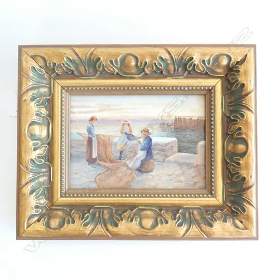 R/WORCESTER ARTIST F. CLARK PAINTED PLAQUE NET MENDING. SIGNED