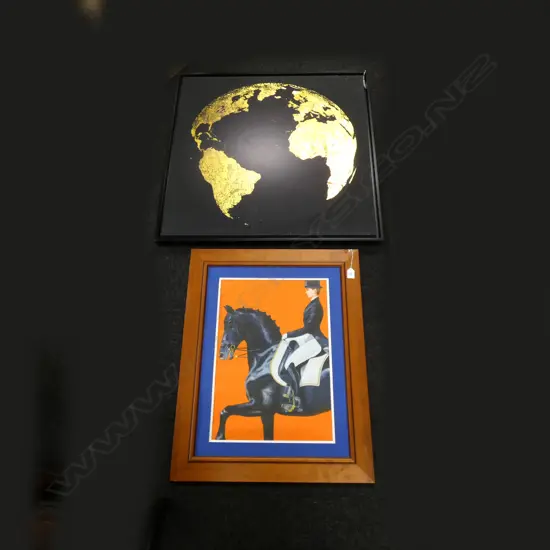 2 ARTWORKS; HORSE & RIDER + BLACK & GOLD WORLD 750mm sq