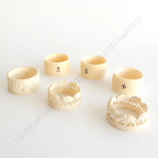 IVORY NAPKIN RINGS, CARVED ELEPHANT ETC