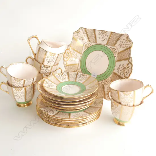 ART DECO TUSCAN GREEN / PINK & GOLD TEA SET 20 PCS